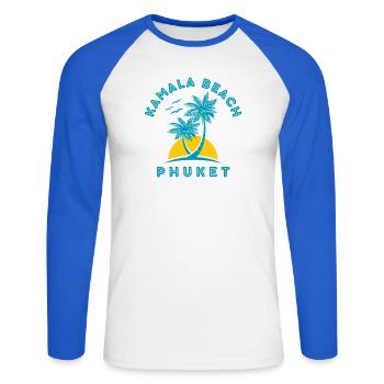 Kamala Beach Phuket Sonnenuntergangspalme - Unisex Baseballshirt langarm - Weiß/Royalblau - Vorne - Nik (191cm)