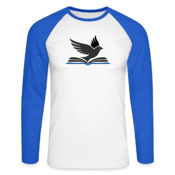Bird flies out of book - Unisex Long Sleeve Baseball T-Shirt - white/royal blue - Front - Nik (191cm)