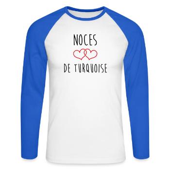Turquoise Wedding 18 Years of Marriage - Unisex Long Sleeve Baseball T-Shirt - white/royal blue - Front - Nik (191cm)