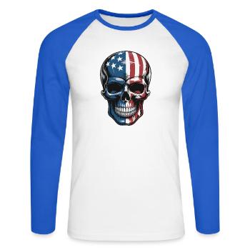 USA Totenkopf - Patriot Skull Design - Unisex Baseballshirt langarm - Weiß/Royalblau - Vorne - Nik (191cm)