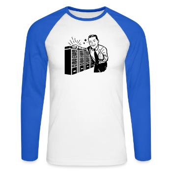 Retro IT Admin Smiling – Vintage Tech Support - Unisex Long Sleeve Baseball T-Shirt - white/royal blue - Front - Nik (191cm)
