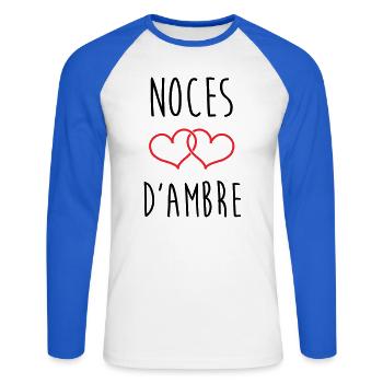 Amber Wedding 34 years of marriage - Unisex Long Sleeve Baseball T-Shirt - white/royal blue - Front - Nik (191cm)