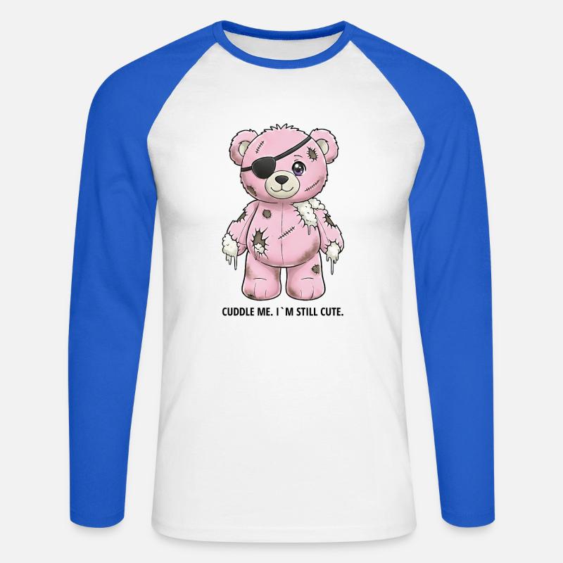 Patchwork Pinker Teddybär mit Augenklappe - Unisex Baseballshirt langarm - Weiß/Royalblau