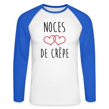 noces de crêpe 39 ans de mariage - T-shirt baseball manches longues Homme - blanc/bleu royal - Devant - Nik (191cm)
