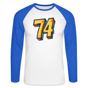 74 Zahl Bunt - Unisex Baseballshirt langarm - Weiß/Royalblau - Vorne - Nik (191cm)