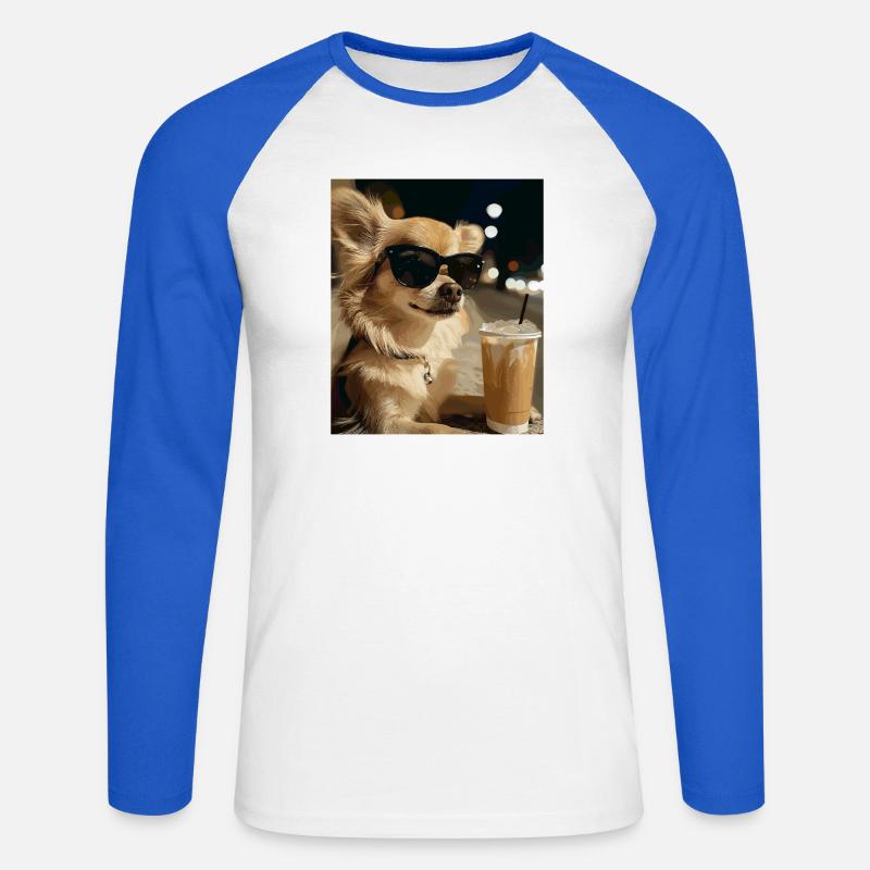 Sonnenbrillen-Hund mit Eiskaffee - Unisex Baseballshirt langarm - Weiß/Royalblau