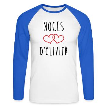 Olivier's wedding 59 years of marriage - Unisex Long Sleeve Baseball T-Shirt - white/royal blue - Front - Nik (191cm)