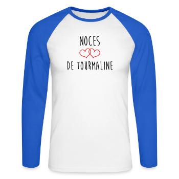 Tourmaline Wedding 52 years of marriage - Unisex Long Sleeve Baseball T-Shirt - white/royal blue - Front - Nik (191cm)