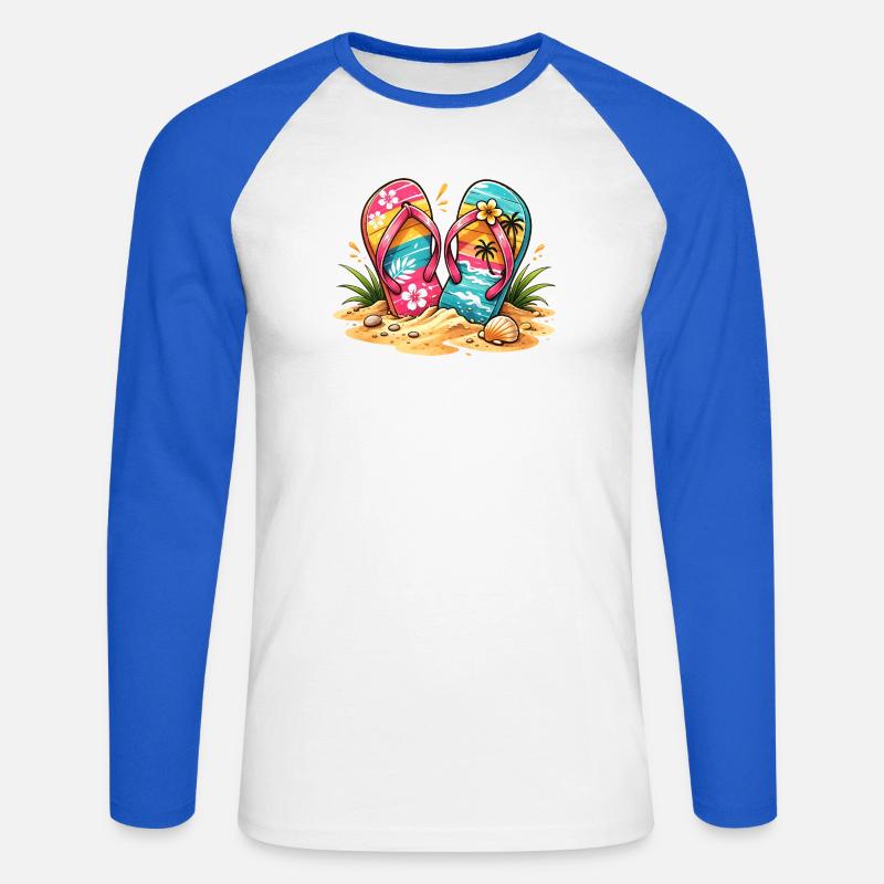 Illustrato delle infradito sulla spiaggia - Maglia da baseball a manica lunga da uomo - bianco/blu royal