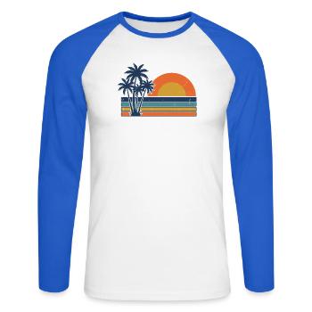 Retro Sunset Palm Trees Summer Beach - Unisex Long Sleeve Baseball T-Shirt - white/royal blue - Front - Nik (191cm)