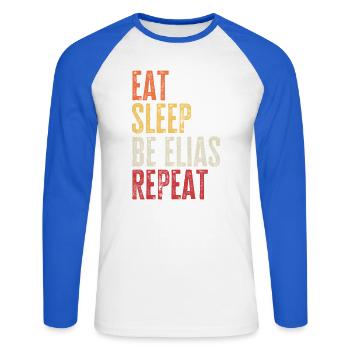 Mange, dors Be Elias, répète le nom rétro - T-shirt baseball manches longues Homme - blanc/bleu royal - Devant - Nik (191cm)