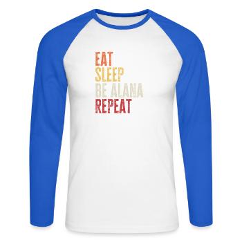 Iss, schlaf Sei Alana, wiederhole Retro-Name - Unisex Baseballshirt langarm - Weiß/Royalblau - Vorne - Nik (191cm)