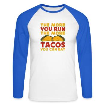 Courir Courir Plus de Tacos peut manger Marathon Runner - T-shirt baseball manches longues Homme - blanc/bleu royal - Devant - Nik (191cm)