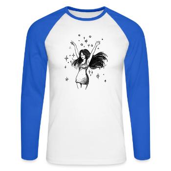 Tanzende Frau Empowerment - Illustration - Unisex Baseballshirt langarm - Weiß/Royalblau - Vorne - Nik (191cm)