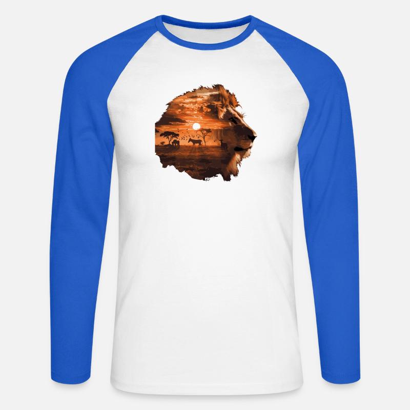 Löwe Savanne Sunset Double Exposure Design - Unisex Baseballshirt langarm - Weiß/Royalblau