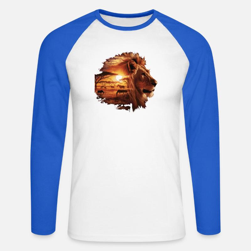Löwe Savanne Sunset Double Exposure Design - Unisex Baseballshirt langarm - Weiß/Royalblau