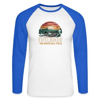 Eifelbiker 1000 Curves Zero Stress Motorcycle Eifel - Unisex Long Sleeve Baseball T-Shirt - white/royal blue - Front - Nik (191cm)