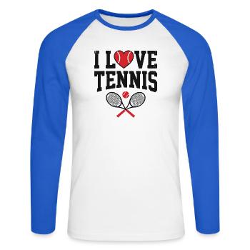 Tennis T-shirt, I Love Tennis Shirt, Hoodie, Tasse - Unisex Baseballshirt langarm - Weiß/Royalblau - Vorne - Nik (191cm)