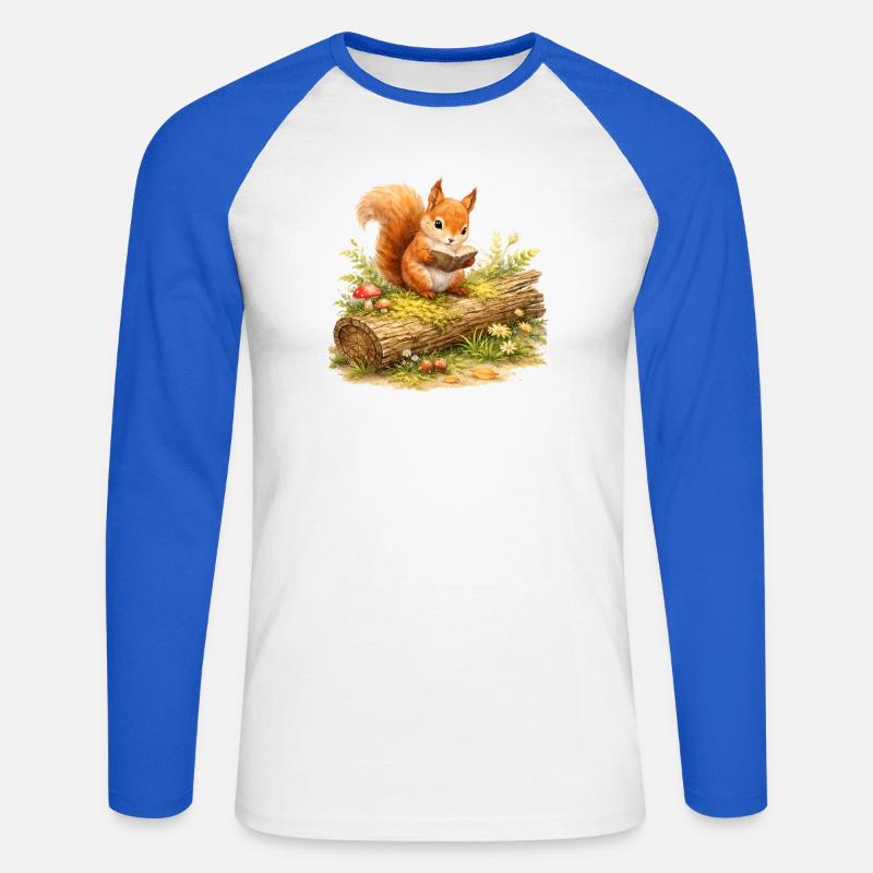 Eichhörnchen liest Buch Illustration  - Unisex Baseballshirt langarm - Weiß/Royalblau