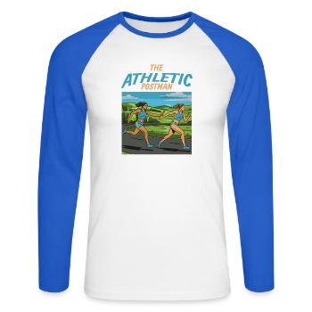 Course de relais : Le facteur athlétique - T-shirt baseball manches longues Homme - blanc/bleu royal - Devant - Nik (191cm)