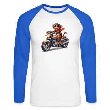 Colorful monkey on motorcycle - Unisex Long Sleeve Baseball T-Shirt - white/royal blue - Front - Nik (191cm)