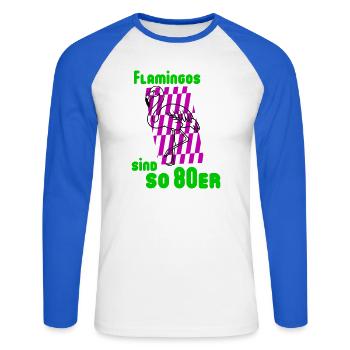 Flamingos 80er - Unisex Baseballshirt langarm - Weiß/Royalblau - Vorne - Nik (191cm)