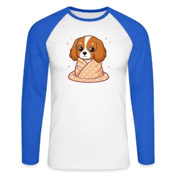 Chien Cavalier câlin en plaid pastel - T-shirt baseball manches longues Homme - blanc/bleu royal - Devant - Nik (191cm)