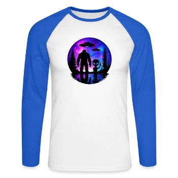 Alien Bigfoot UFO Sasquatch Believers Spaceship - Unisex Long Sleeve Baseball T-Shirt - white/royal blue - Front - Nik (191cm)