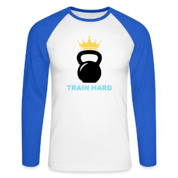 Kettlebell Crown Train Hard - Unisex Long Sleeve Baseball T-Shirt - white/royal blue - Front - Nik (191cm)