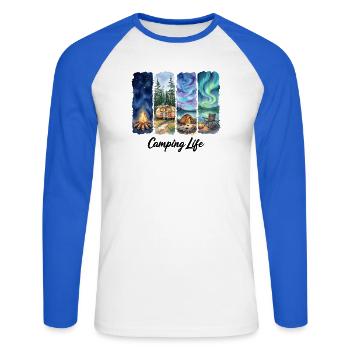 Camping Life Watercolor Adventure with Tent trees - Unisex Long Sleeve Baseball T-Shirt - white/royal blue - Front - Nik (191cm)