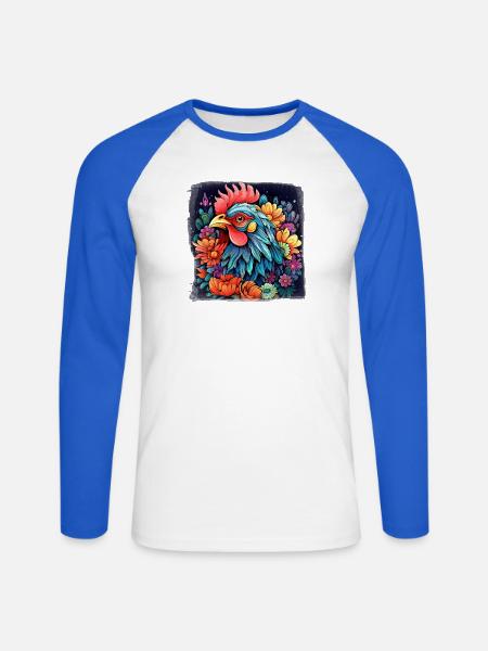 Bunter Hahnen - Gockel - Unisex Baseballshirt langarm - Weiß/Royalblau