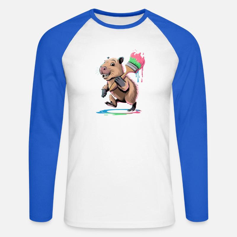 Capibara divertente con macchie colorate di vernice a pennello - Maglia da baseball a manica lunga da uomo - bianco/blu royal