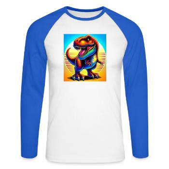 Dinosaurier - Unisex Baseballshirt langarm - Weiß/Royalblau - Vorne - Nik (191cm)