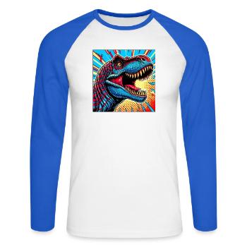 Dinosaurier - Unisex Baseballshirt langarm - Weiß/Royalblau - Vorne - Nik (191cm)