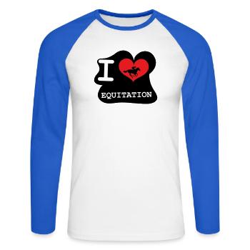 J'aime l'équitation : le logo des passionnés - T-shirt baseball manches longues Homme - blanc/bleu royal - Devant - Nik (191cm)