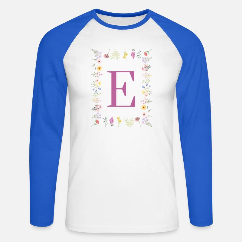 Monogramm E mit Frühlingsblüten - Unisex Baseballshirt langarm - Weiß/Royalblau