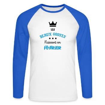 Cadeau naissance bébé garçon Février Beaux Gosses - T-shirt baseball manches longues Homme - blanc/bleu royal - Devant - Nik (191cm)