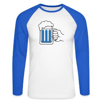 Tenir la main une chope de bière Santé - T-shirt baseball manches longues Homme - blanc/bleu royal - Devant - Nik (191cm)