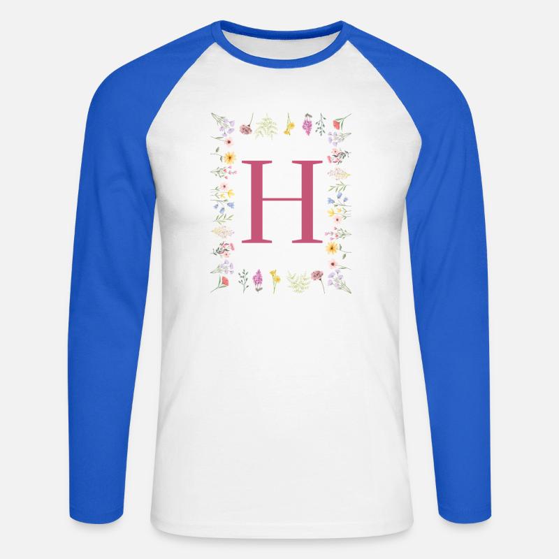 Florale Initialen "H", Buchstaben Monogramm - Unisex Baseballshirt langarm - Weiß/Royalblau