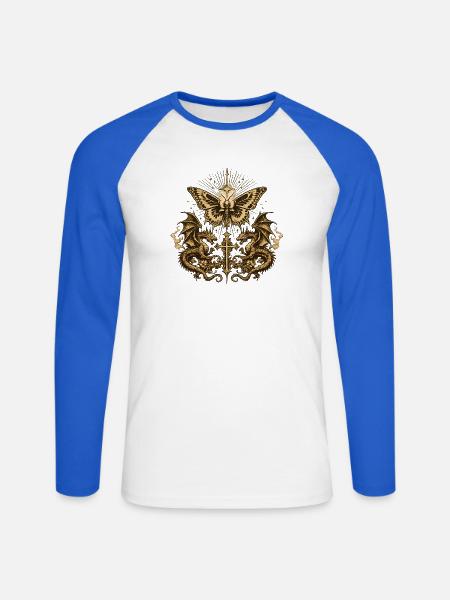 Occult Butterfly with Dragon – Gothic Dark - Unisex Long Sleeve Baseball T-Shirt - white/royal blue