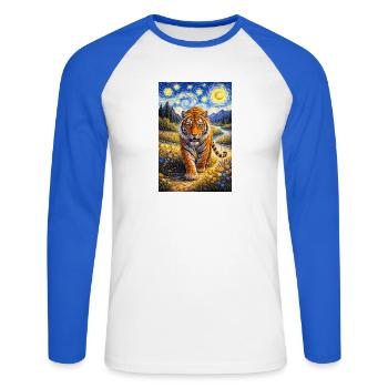 Tigre dans la Forêt de la Nuit Étoilée - T-shirt baseball manches longues Homme - blanc/bleu royal - Devant - Nik (191cm)