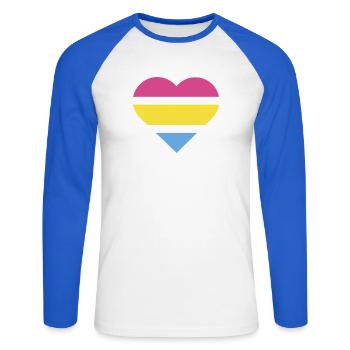 Drapeau de la fierté Cœur · Pansexuel - T-shirt baseball manches longues Homme - blanc/bleu royal - Devant - Nik (191cm)