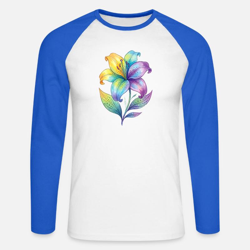 Dipinto ad acquerello con giglio arcobaleno - Maglia da baseball a manica lunga da uomo - bianco/blu royal
