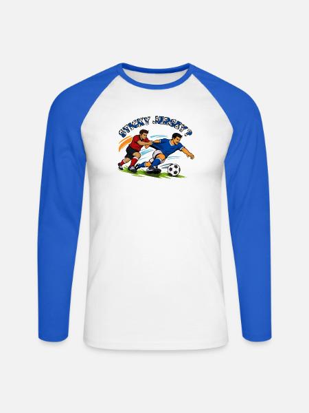 Kampf um den Ball: Fußball-Duell - Unisex Baseballshirt langarm - Weiß/Royalblau