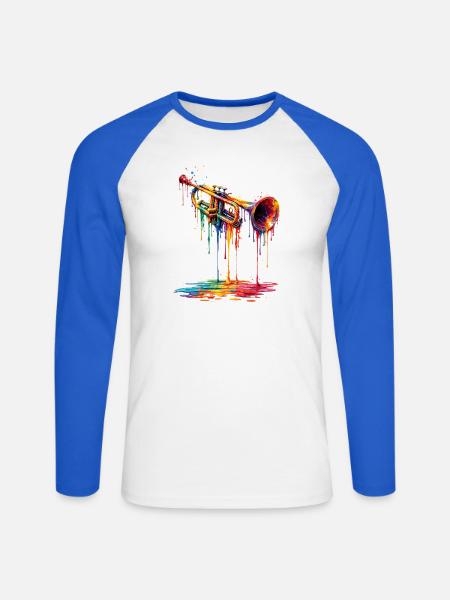 Trumpet with dripping paint - Unisex Long Sleeve Baseball T-Shirt - white/royal blue