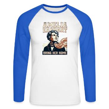 Amelia Earhart – Bring Her Home - Unisex Long Sleeve Baseball T-Shirt - white/royal blue - Front - Nik (191cm)