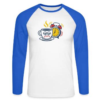 Müder Kaffee & Wecker–Lustiges Morgenmuffel Motiv - T-shirt baseball manches longues Homme - blanc/bleu royal - Devant - Nik (191cm)