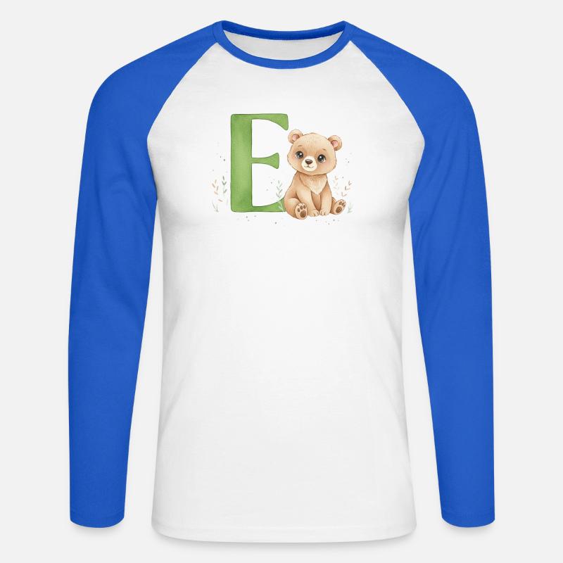 E mit Teddy: Verspielter Buchstabe E - Unisex Baseballshirt langarm - Weiß/Royalblau