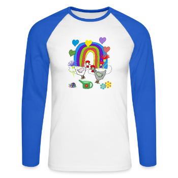 Kinder Fantasy Regenbogen Blumen Hühner  - Unisex Baseballshirt langarm - Weiß/Royalblau - Vorne - Nik (191cm)