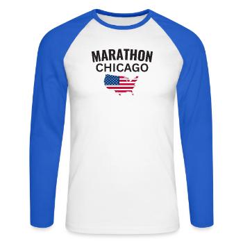 Marathon Chicago - T-shirt baseball manches longues Homme - blanc/bleu royal - Devant - Nik (191cm)